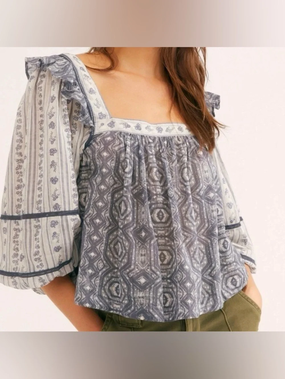 Free People Mostly Meadow Blouse Ivory Blue Boho Square Neck Puff Sleeve Top S